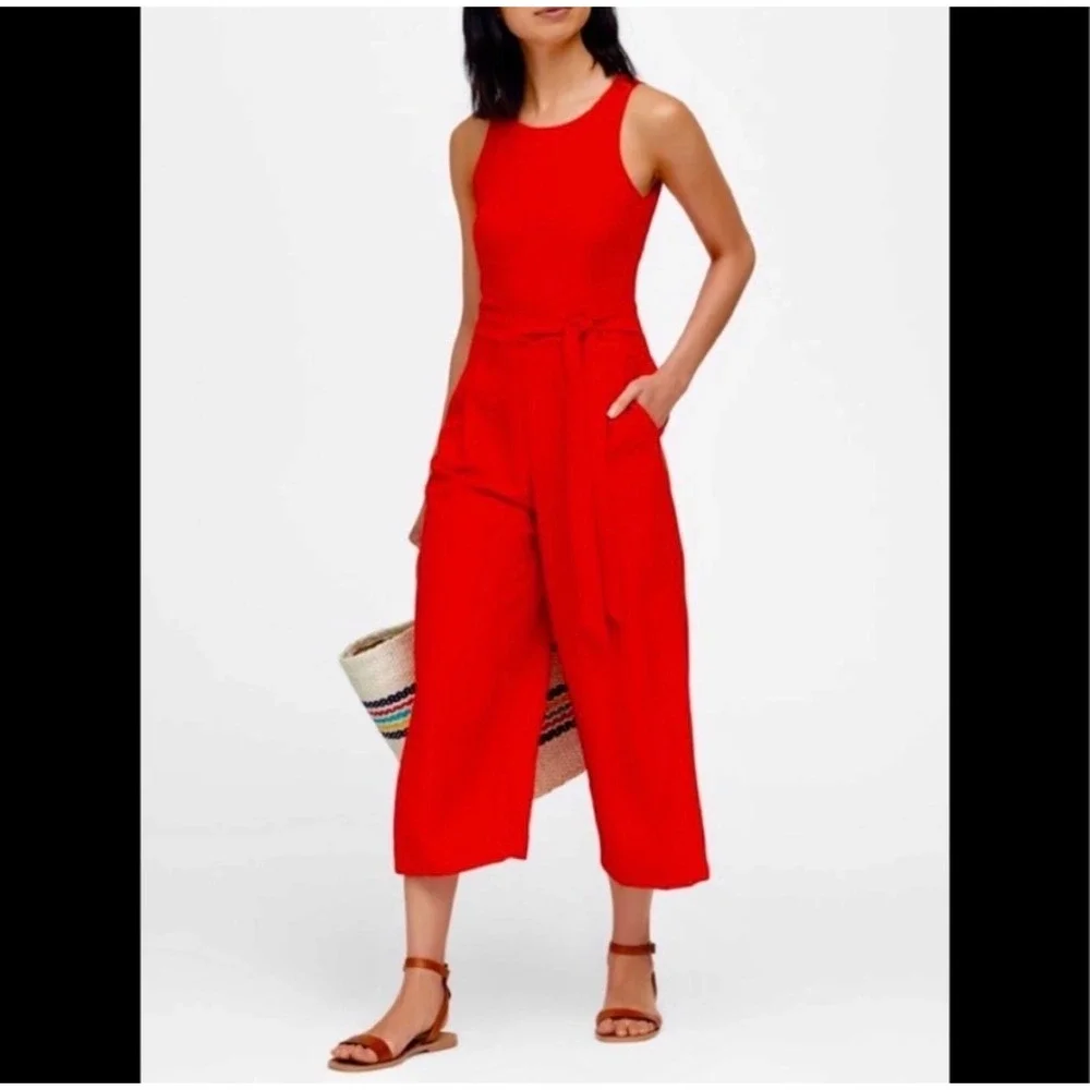 NWT Banana Republic Women Jumpsuit 0P Red Linen Blend Belted Wide Leg Sleeveless